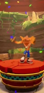 Vibrant animated character on a red platform in a colorful gaming scene.