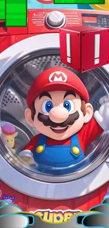 Cartoon character in a red washing machine with vibrant colors.