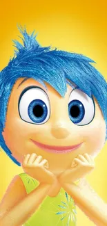 Blue-haired animated character on a vibrant yellow background.