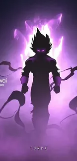 Anime silhouette with glowing purple aura on a dark background.