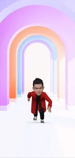 3D animated character running through colorful tunnel.