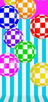 Checkered balloons on striped aqua background wallpaper.