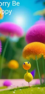 Whimsical cartoon bird among vibrant flowers with 'Don't Worry Be Happy' text.