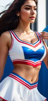 A vibrant cheerleader in action on a mobile wallpaper.