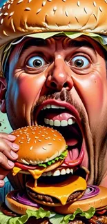 Comic style image of a man excitedly holding a cheeseburger. Vibrant and colorful design.