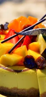 Vibrant cheesecake with fresh fruit topping.