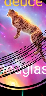 Cheetah floating in a vibrant cosmic scene with colorful galaxy background.