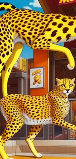 Illustrated cheetah in vibrant urban setting