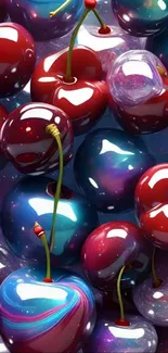 Vibrant cosmic cherries on a galaxy-themed mobile wallpaper.