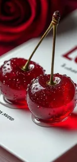 Close-up of two red cherries on a love-themed book.
