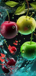 Colorful cherries with water splash on a dark green background.