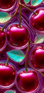 Vibrant cherries with turquoise leaves on a textured background.