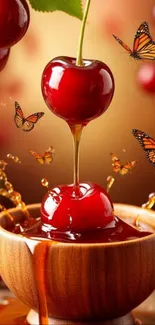 Cherry with butterflies in wooden bowl wallpaper.