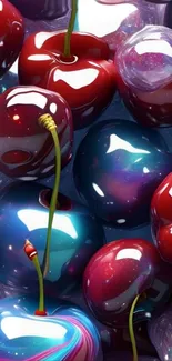 Vibrant cherries with galaxy hues mobile wallpaper.
