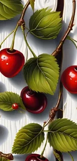 Cherries and green leaves on white wooden texture wallpaper.