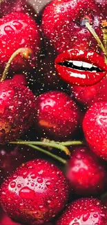 Vibrant red cherries and lips design wallpaper.