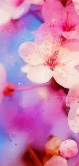 Watercolor cherry blossom mobile wallpaper with pink and blue hues.