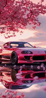 Car under cherry blossoms with pink reflection.