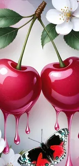 Juicy cherries with blossoms and butterfly wallpaper.