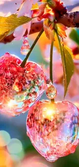 Ice-encased cherry blossoms glowing in the sunlight with bokeh.