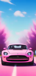 Pink sports car on cherry blossom road with clear blue sky.