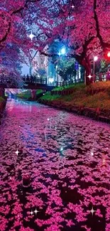 Vibrant cherry blossom scene with river reflection at night.