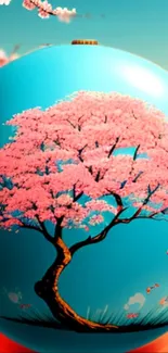 Cherry blossom tree on blue sphere wallpaper for mobile devices.