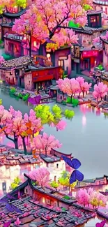 Vibrant cherry blossom village wallpaper with colorful blooms and water.