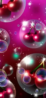 Mobile wallpaper with vibrant cherries in sparkling bubbles on a pink background.