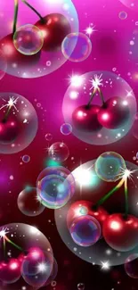 Vibrant cherries and bubbles wallpaper, magenta background.