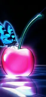 Blue butterfly rests on a glowing cherry in soft neon light.