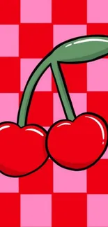 Cartoon cherries on red and pink checker background.