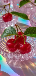 Red cherries in crystal bowls with rainbow light