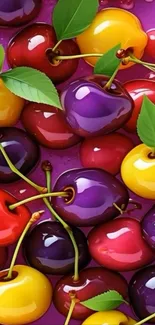 Colorful and vibrant cherry fruit wallpaper with green leaves.