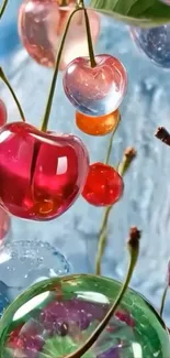 Vibrant glass cherries in vivid colors against a blue background.