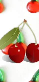 Bold red cherries with green leaf on a white background.