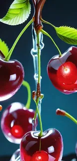 Close-up of vibrant ripe cherries on a branch with green leaves.