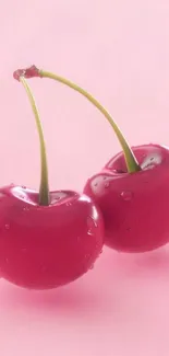 Vibrant red cherries with droplets on a pink background mobile wallpaper.