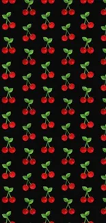 Vibrant cherry pattern wallpaper with red cherries on a black background.