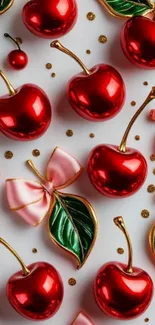 Red cherries with green leaves on wallpaper