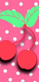 Vibrant cherry design on pink polka dot wallpaper.