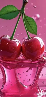 Cherries splashing in pink liquid art wallpaper.
