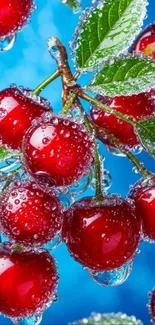 Glistening cherries with water droplets on a vibrant blue background