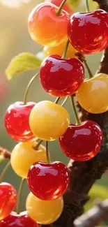 Ripe red and yellow cherries on a tree branch.