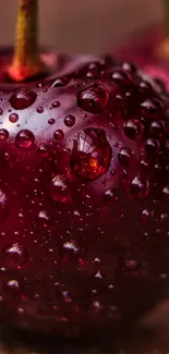 Dew-covered cherries on a wooden surface.