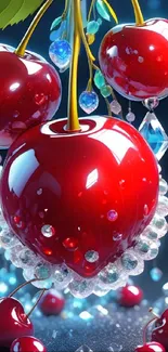 Glossy cherries with crystal ornaments on a vibrant wallpaper.