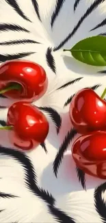 Cherries with zebra pattern wallpaper, vibrant and stylish.