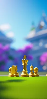 Colorful spring chess game with golden pieces on a lush green lawn.