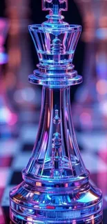 A vibrant blue and purple chess piece on a checkered board.
