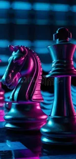 Chess pieces illuminated by blue and pink neon lights.
